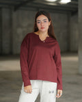 BURGUNDY SPLIT-NECK RIBBED SWEATSHIRT (BOXY FIT)