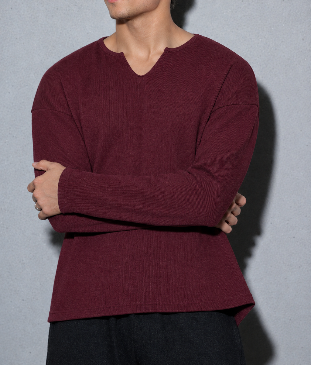 BURGUNDY SPLIT-NECK RIBBED SWEATSHIRT (BOXY FIT)